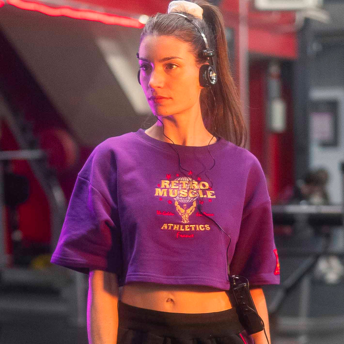Retro Embroidered Cropped Sweatshirt | Purple