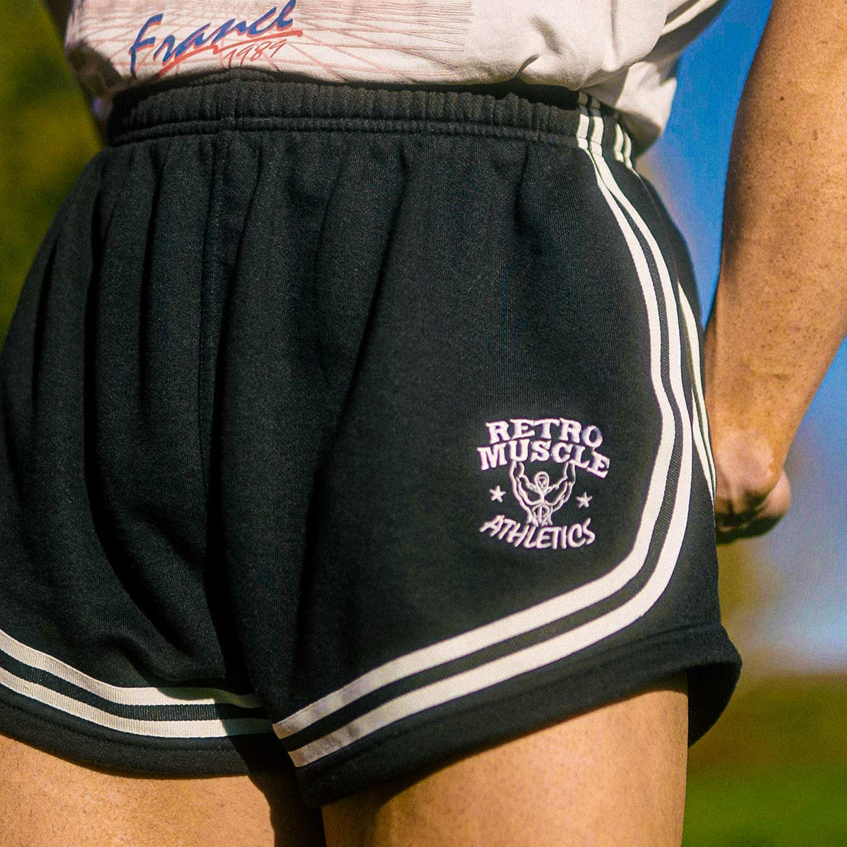 Vintage Golden Era "Bannout" Shorts | Black - embroidery and design detail