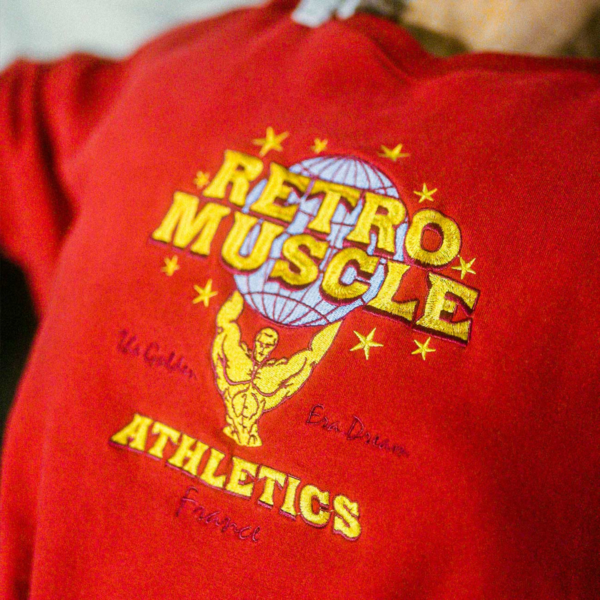 Golden Era Embroidered Pump Cover Sweatshirt | Red - embroidery and design detail