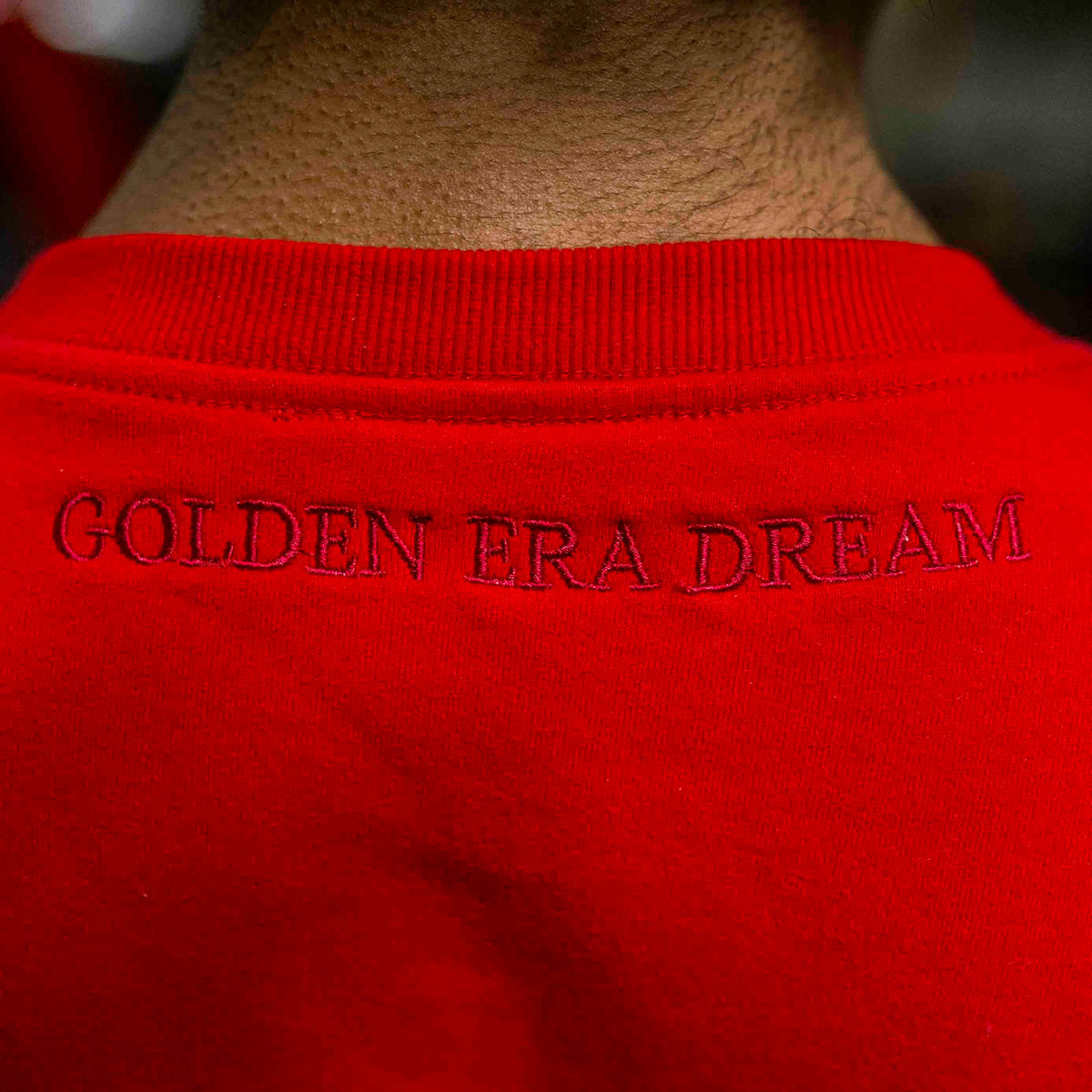 Golden Era Embroidered Pump Cover Sweatshirt | Red - embroidery and design detail